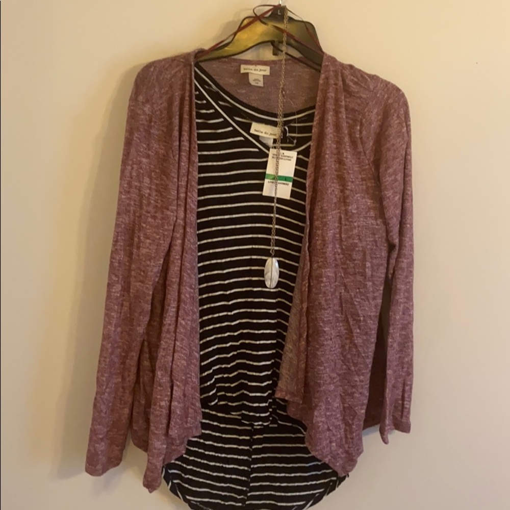NWT L Belle Du Jour 3 piece top and sweater set black stripe maroon red jacket